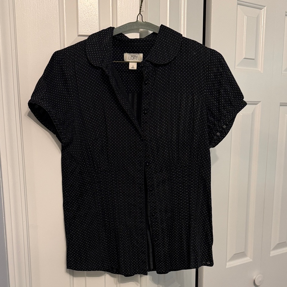LOFT Navy with White Microdot Short Sleeve Blouse